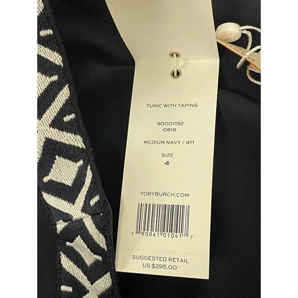 Tory Burch Womens Tunic With Taping Popover Blouse Top Size 4 Navy Blue NWT $295